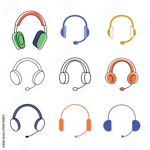 Headphones icon set features audio, sound, and music symbols for web design, illustrating stereo headset technology