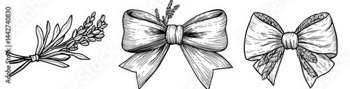 A light purple decorative bow with a knot and flowing ribbons is elegantly suspended against a crisp white background in a simple modern illustration suitable for various design needs