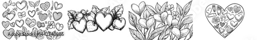 A large assortment of hand-drawn heart-shaped icons is compiled to create an extensive collection of symbols ideal for Valentine's Day, weddings, or any love-related occasion