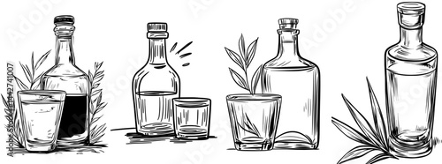 A flat modern illustration of a bottle and shot glass with red liquor, symbolizing celebration, set against a white background as a party icon