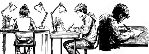 A monochrome silhouette depicts a student deeply focused on studying at their desk