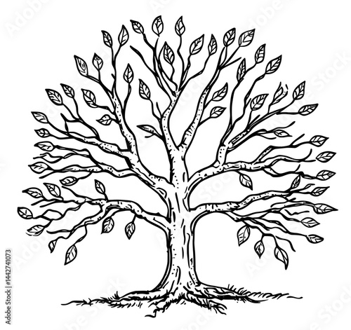 In a black and white illustration, a tree is illustrated as a silhouette after losing its leaves