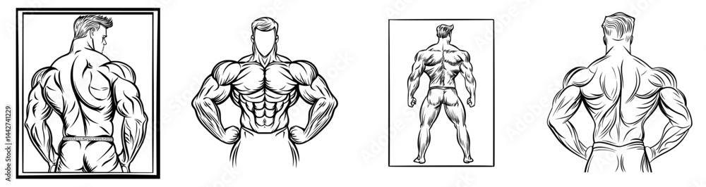 Fototapeta premium A muscular bodybuilder icon is depicted in silhouette on a white background