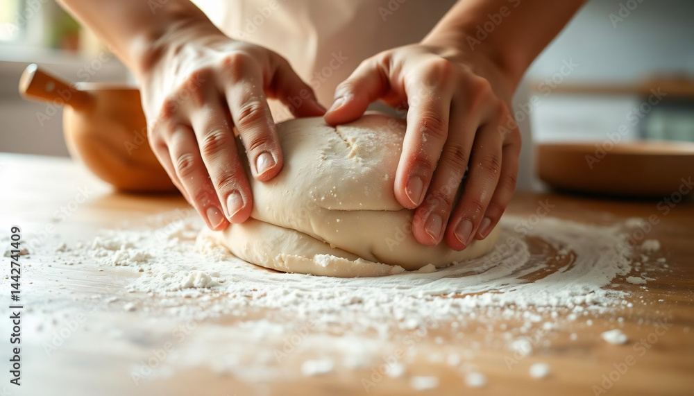 Hands Kneading Dough on a Floured Surface