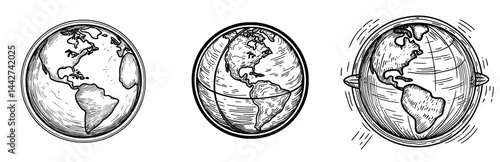The silhouette of a globe displaying continents is shown in black and white