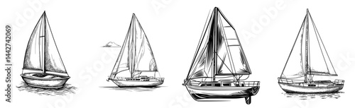 A sailboat with a sleek black silhouette smoothly navigates calm waters, perfect for nautical-themed designs