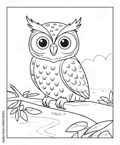 Cute owl sitting on a tree branch in jungle background coloring page for kids, black line art vector illustration on white background