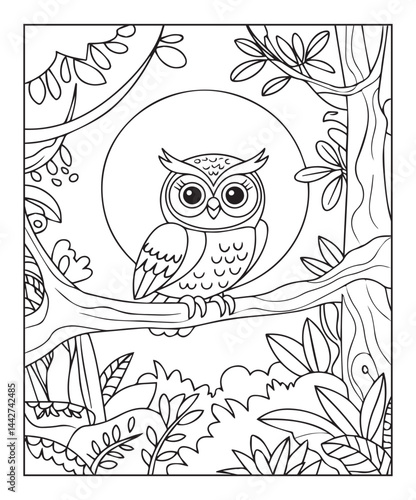 Cute owl sitting on a tree branch in jungle background coloring page for kids, black line art vector illustration on white background