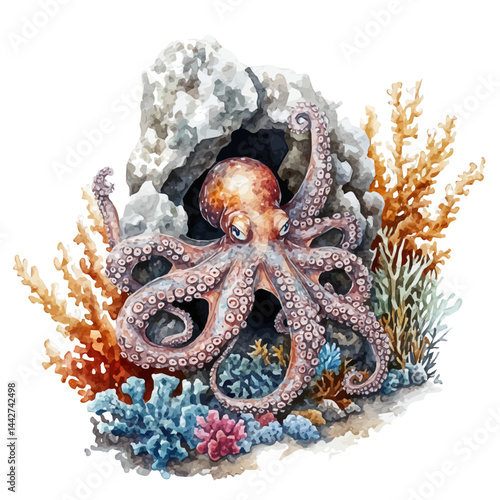 an octopus hiding in a coral crevice, watercolor drawing, isolated on a white background. an octopus hiding in a coral crevice vector.