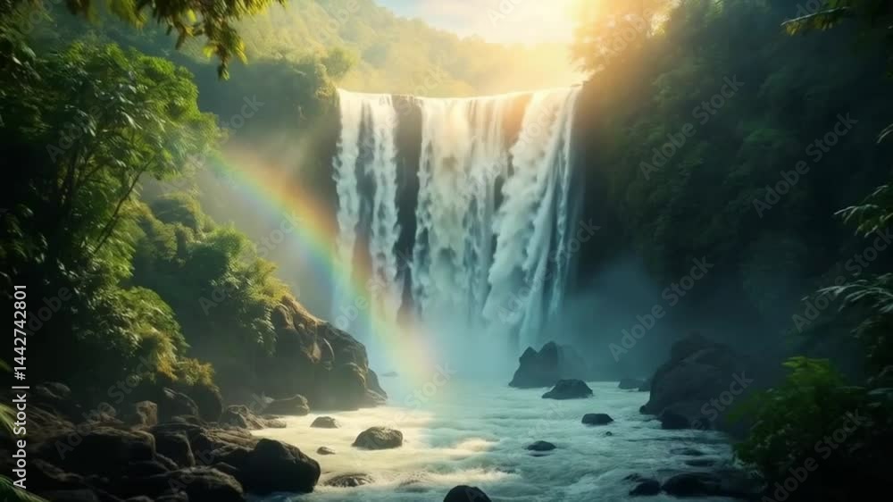 Waterfall with rainbow in the background. Smooth repeating motion for background video animation