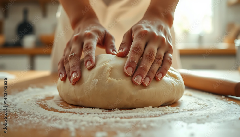 Hands Kneading Dough on a Floured Surface
