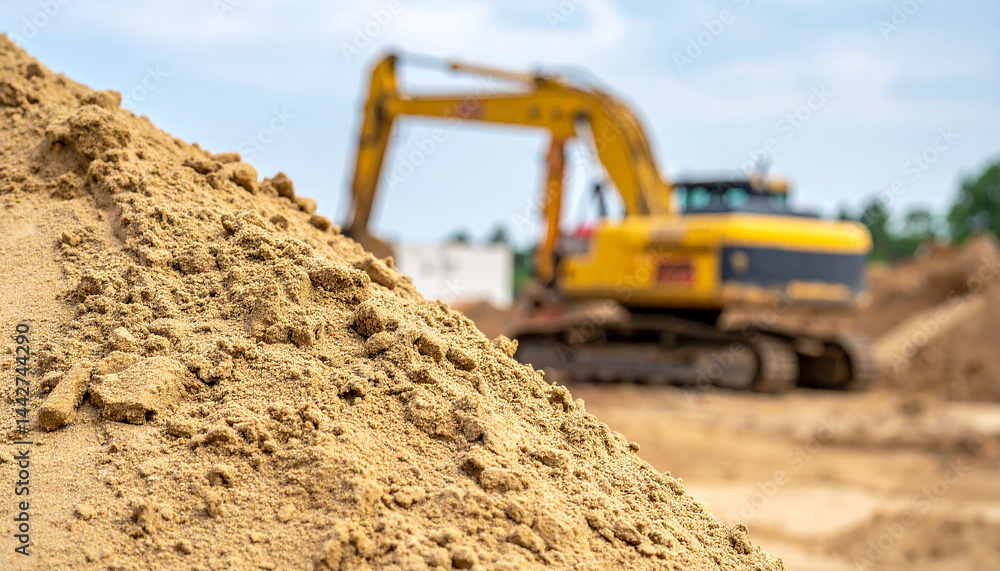 Pile of sand at construction site. Blurred excavator working on backdrop. Pile of sand at construction site. Blurred excavator working on backdrop.