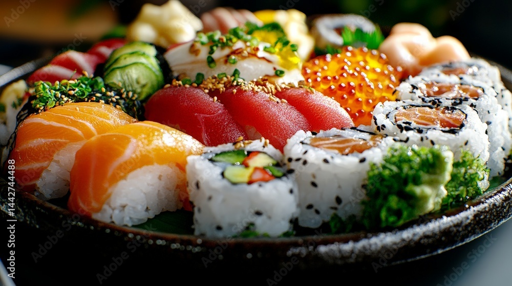 Fresh Sushi Platter with Salmon, Tuna, and Rolls Fresh Sushi Platter with Salmon, Tuna, and Rolls