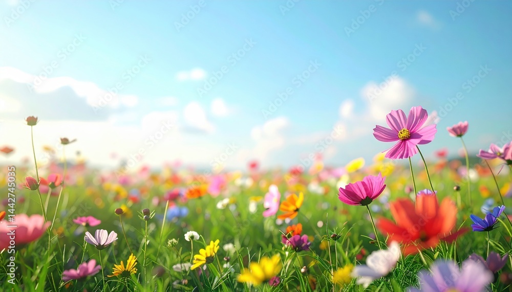 Obraz premium Vibrant flower fields in springtime nature photography colorful landscape bright sky scenic view floral beauty