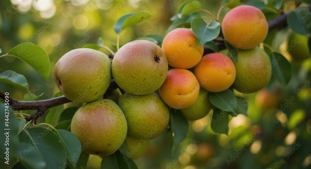 Apples and apricots on branch Apples and apricots on branch