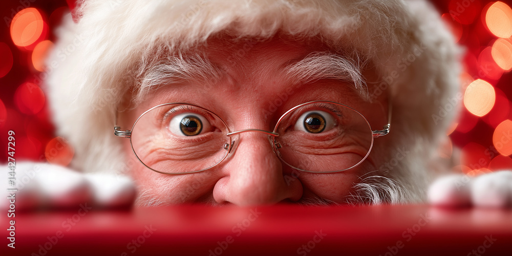 Nahaufnahme von Weihnachtsmann mit Brille und roten Wangen vor Weihnachtsdekoration