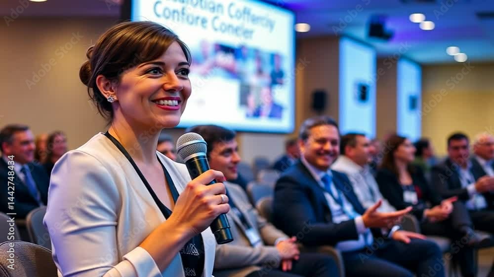 Engaging Conference Speaker Addressing Audience in Business Presentation Setting Engaging Conference Speaker Addressing Audience in Business Presentation Setting