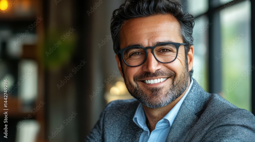 Naklejka premium Confident caucasian male adult with glasses smiling indoors