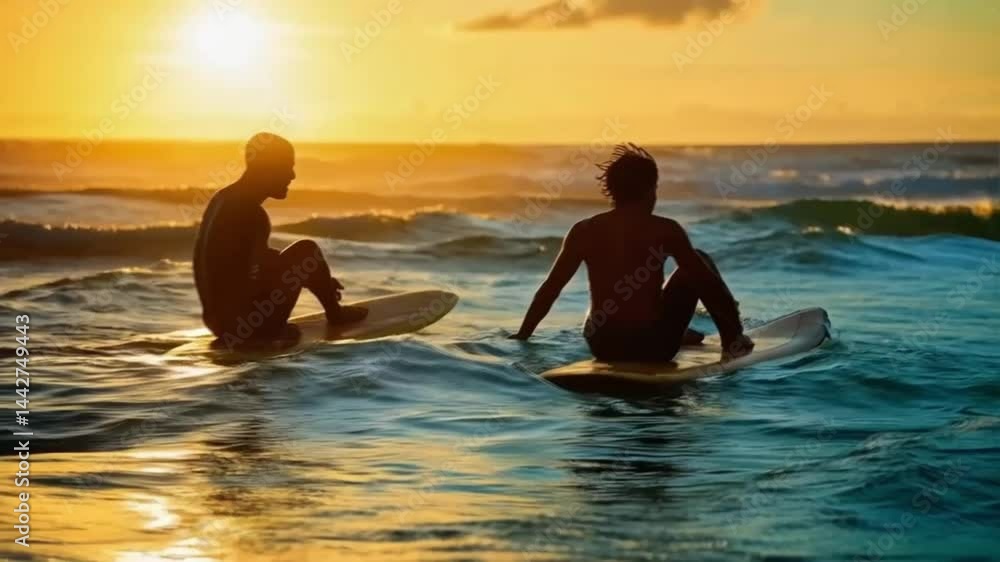 custom made wallpaper toronto digitalTwo men are sitting on surfboards in the ocean. Smooth repeating motion for background video animation.