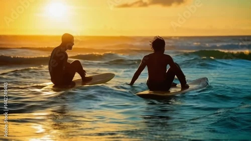 Wallpaper Mural Two men are sitting on surfboards in the ocean. Smooth repeating motion for background video animation. Torontodigital.ca