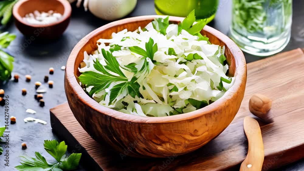 Freshly chopped cabbage salad with parsley in wooden bowl on rustic kitchen table. Freshly chopped cabbage salad with parsley in wooden bowl on rustic kitchen table.