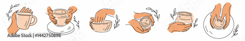 Set of vector elements for art studio, pottery or ceramic workshop, hand drawn in doodle style