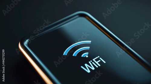 Wireless connectivity symbol displayed on smartphone screen during nighttime illumination in a modern environment