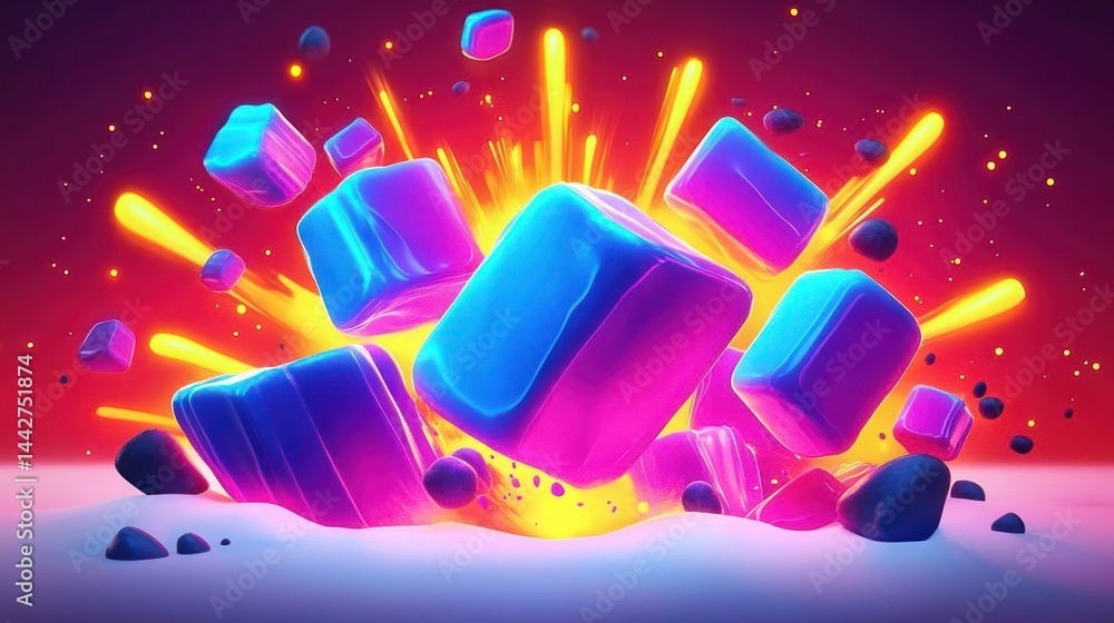 Fototapeta premium A vibrant explosion of colorful ice-like cubes against a dynamic background.