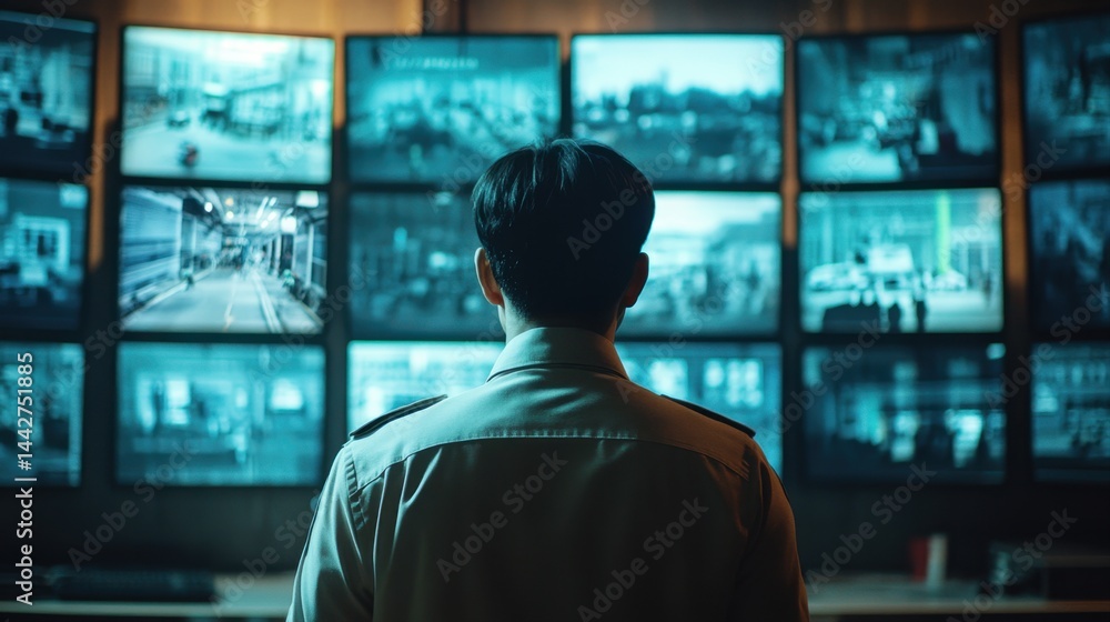 Person Observing Multiple Surveillance Monitors in a Dark Control Room Environment Person Observing Multiple Surveillance Monitors in a Dark Control Room Environment