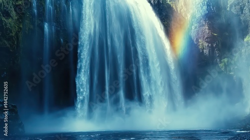 Majestic waterfall cascading rainbow shimmers through mist