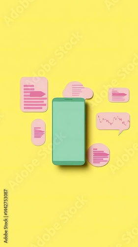 Digital smartphone displaying data visualization, surrounded by colorful paper cutouts representing charts, graphs, business analytics on bright blue backdrop