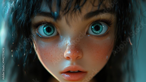 Surprised young female with blue eyes and freckles close-up anime style portrait