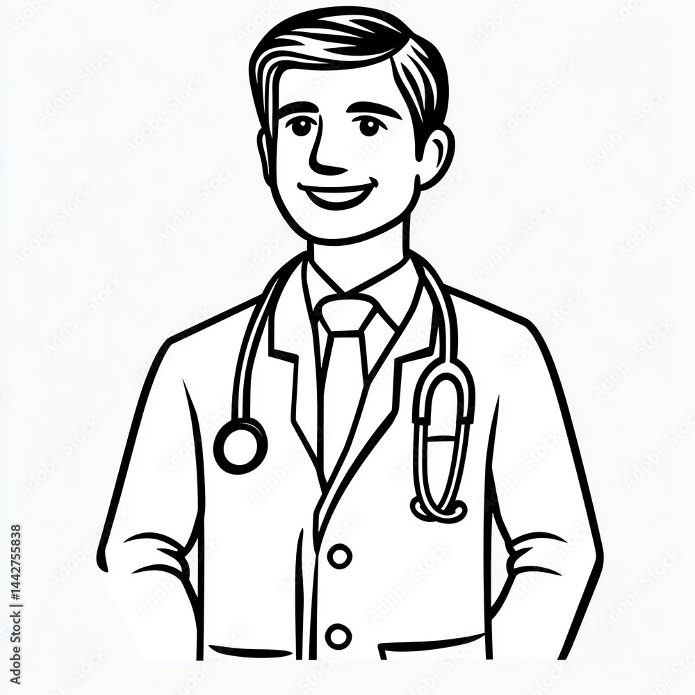 Black - and - White Illustration of a Doctor with Stethoscope Black - and - White Illustration of a Doctor with Stethoscope