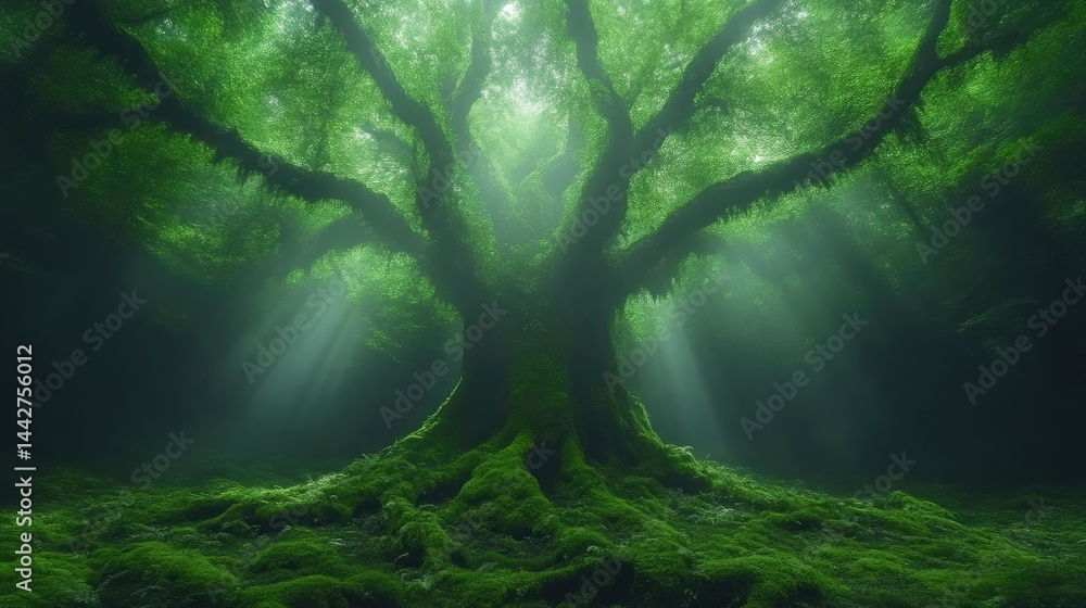 Fototapeta premium Ancient mossy tree standing in a dark mystical forest with sunbeams filtering through the green canopy.