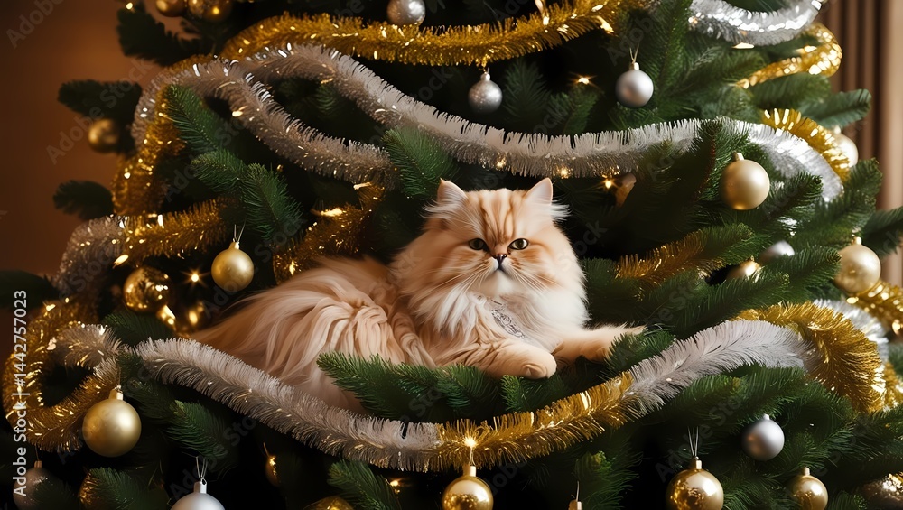 Fluffy cat lounging on a beautifully decorated Christmas tree with golden ornaments