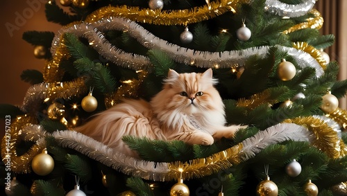 Obraz na płótnie Fluffy cat lounging on a beautifully decorated Christmas tree with golden ornaments w salonie