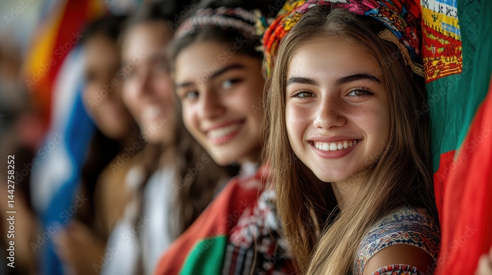 Fototapeta premium Young caucasian female teens celebrating international unity in colorful attire