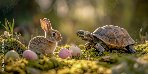 Cute little rabbit and baby tortoise in an Easter garden