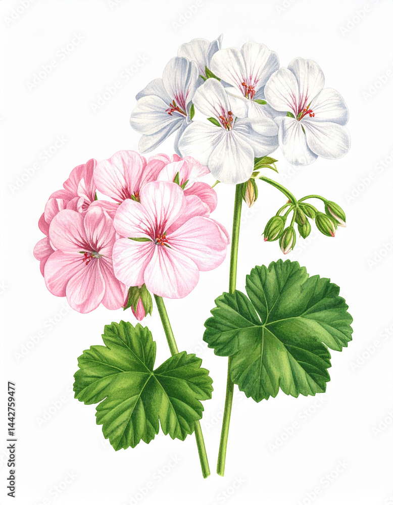 Ilustracja vintage, kwiaty Pelargonii na białym tle. Generative AI