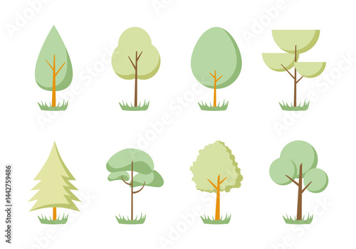 Set of tree and leaf collection hand drawn flat cartoon design vector element. botanical set of bare trees and ones with leaves and lush green. soft color forest