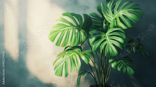 Vibrant monstera plant against sunlit wall with lush green leaves