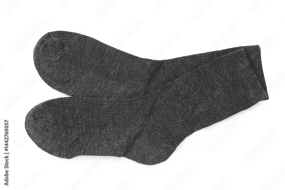 Pair of grey socks isolated on white, top view Pair of grey socks isolated on white, top view
