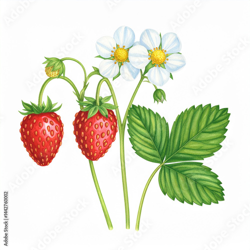 Ilustracja vintage, kwiaty i owoce Poziomki na białym tle. Generative AI