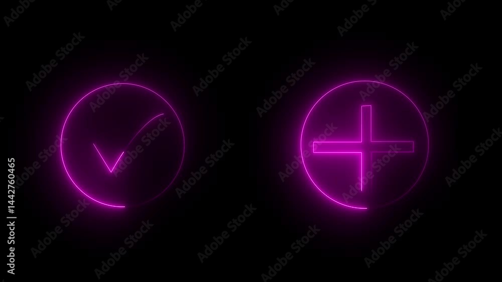 tik mark and plus icon animation glowing neon circle sign symbol on
with black background tik mark and plus icon animation glowing neon circle sign symbol on
with black background