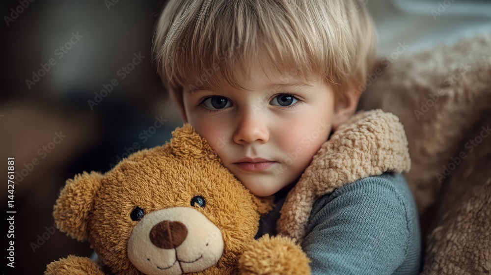 Blond caucasian child with teddy bear in cozy home setting Blond caucasian child with teddy bear in cozy home setting