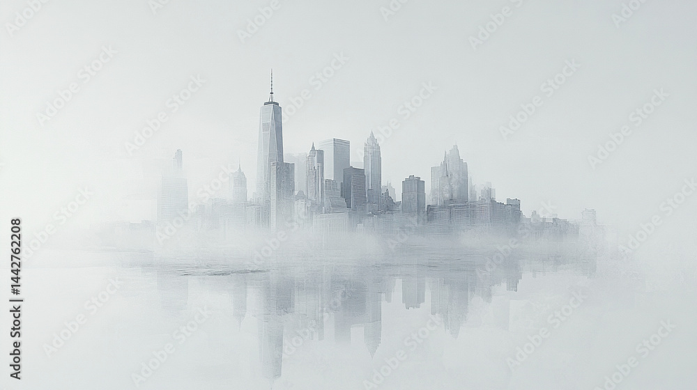 Fototapeta premium distant city skyline emerges in soft morning haze, creating serene atmosphere