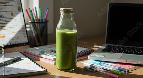 Refreshing matcha drink fuels creativity amidst workspace essentials and open laptop