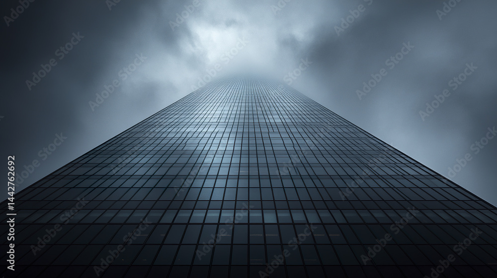 dramatic perspective of modern glass building rising into cloudy sky dramatic perspective of modern glass building rising into cloudy sky