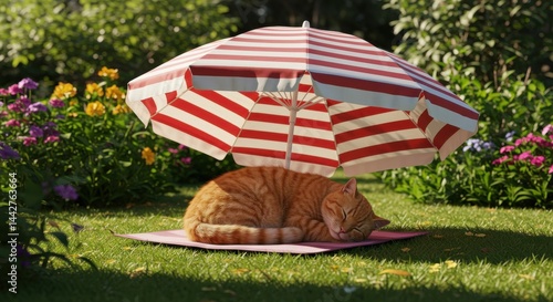 Hyper-realistic 8K sleeping orange cat under a sun umbrella, summer theme