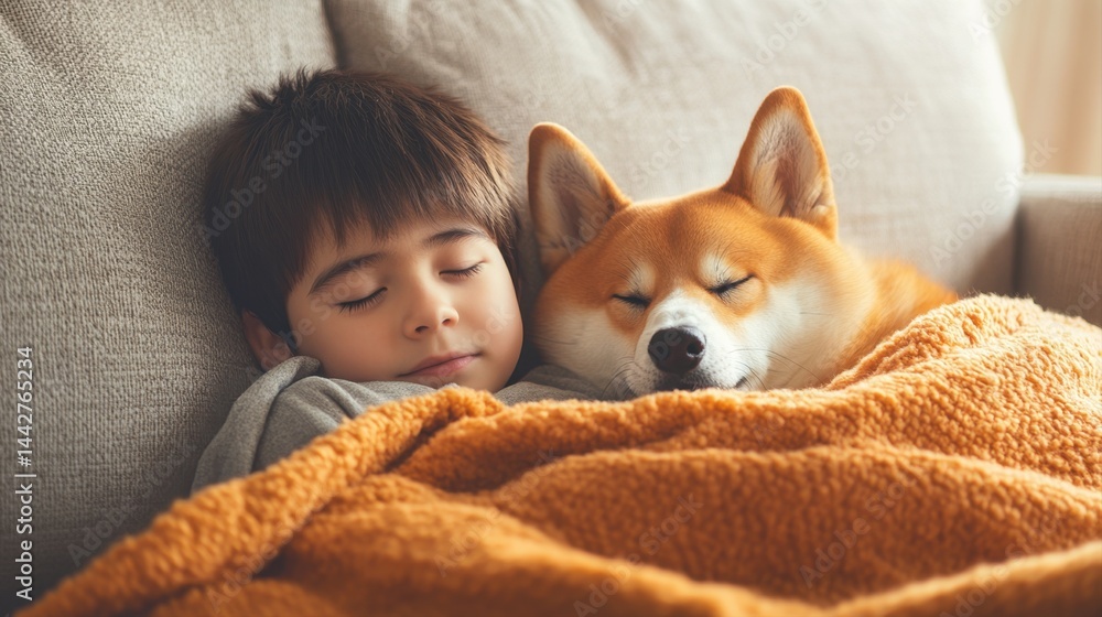Cozy Moment of a Child and Dog Sleeping Together on a Couch Wrapped in a Blanket Cozy Moment of a Child and Dog Sleeping Together on a Couch Wrapped in a Blanket